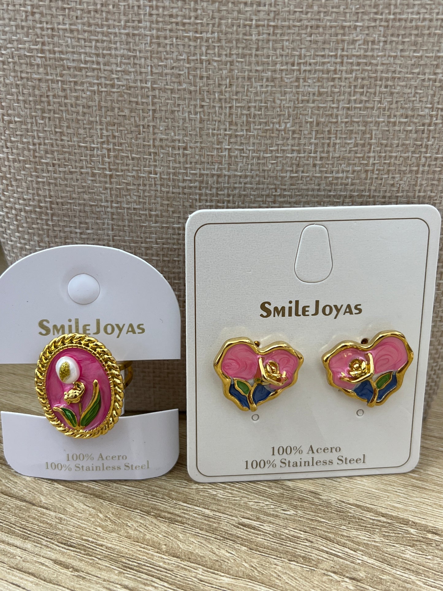 Pink Flower Earring Ring Set