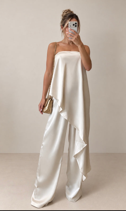 Strapless Draped Top & Wide-Leg Pants Set