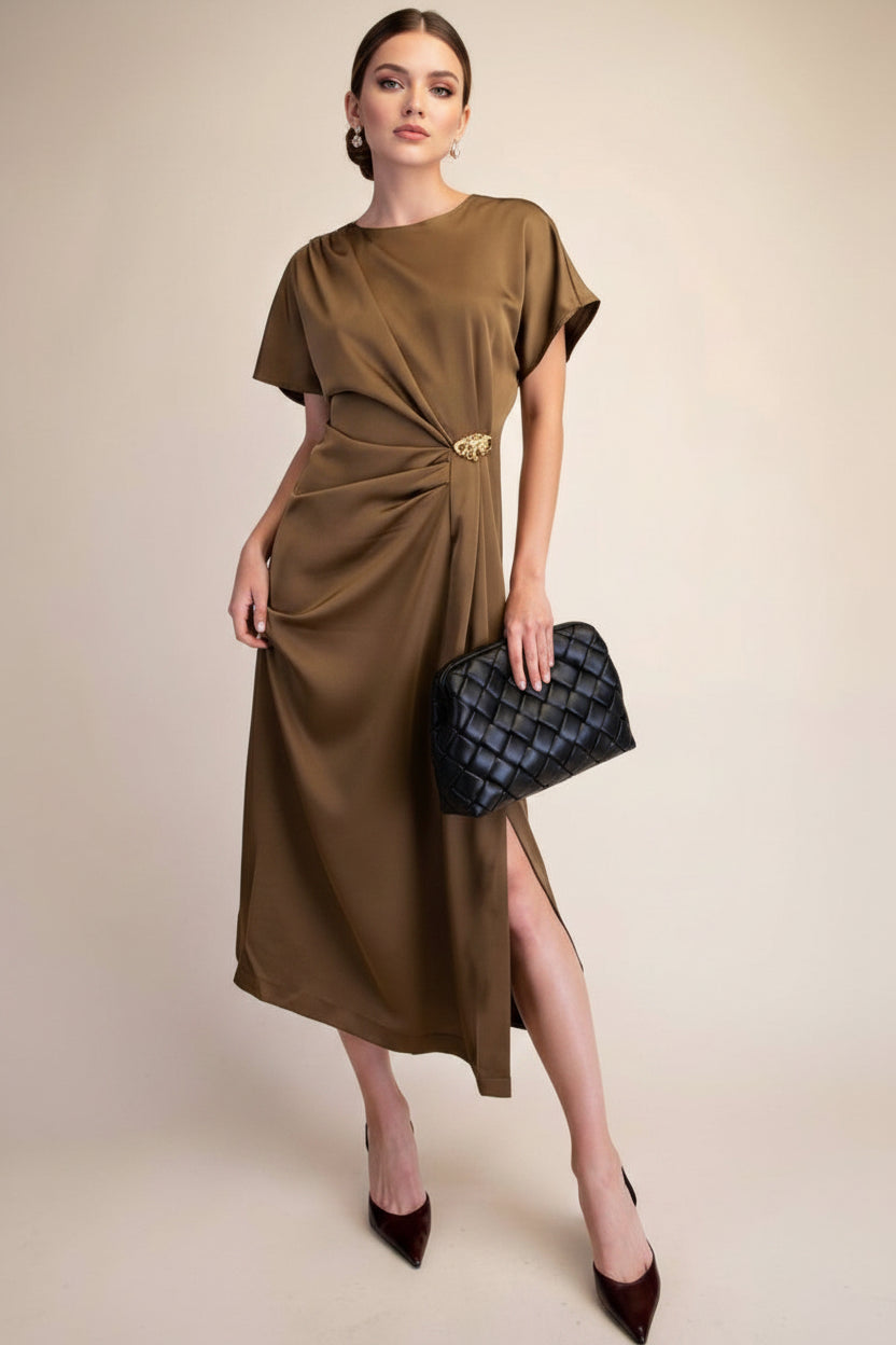 Gold Metal Trim Pleated Slip Dress