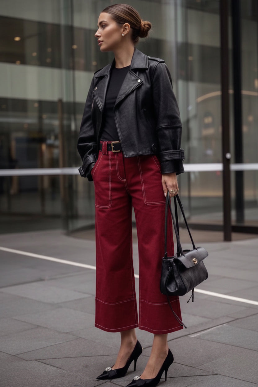 High Rise Stitch Detail Crop Wide-leg Jeans