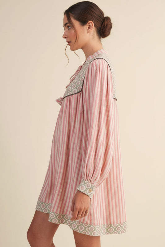 Striped with contrast Floral  Yoke Mini Dress