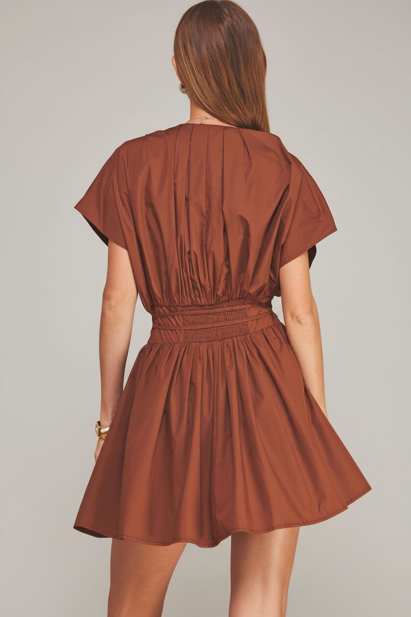 Pleated V-Neck Tie Waist Mini Dress