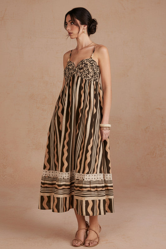 Abstract Wavy Stripe Print Braided Bodice Midi Dress
