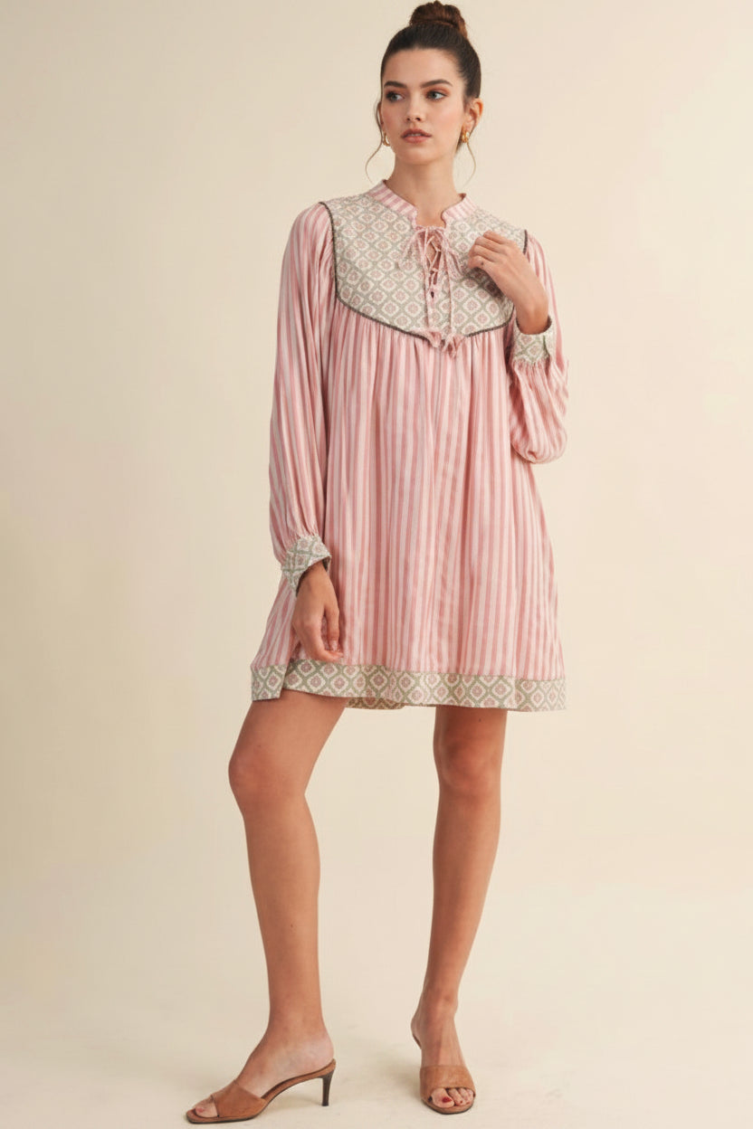 Striped with contrast Floral  Yoke Mini Dress