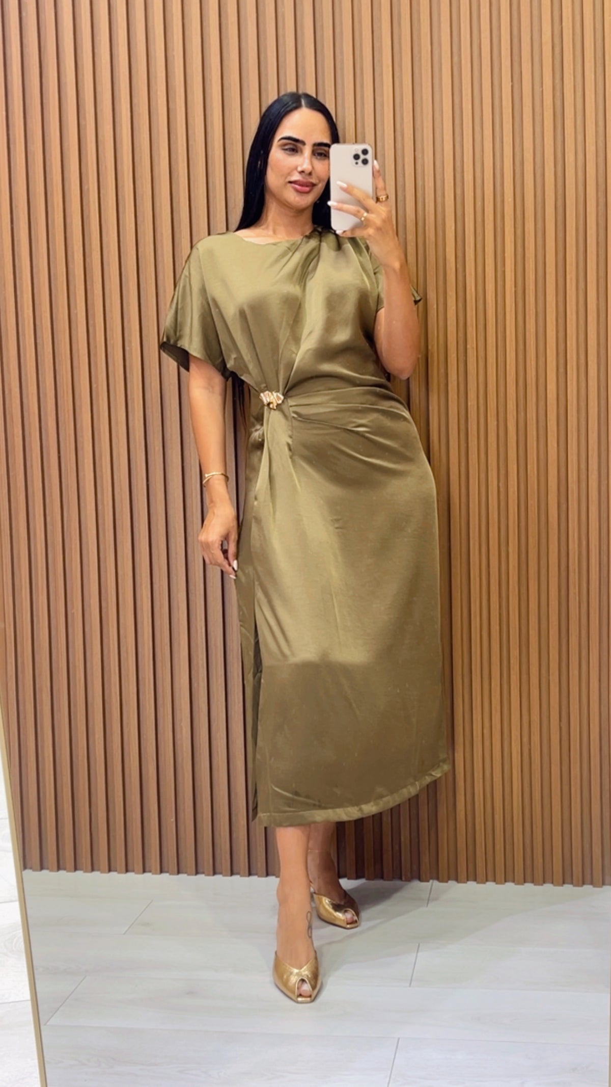 Gold Metal Trim Pleated Slip Dress