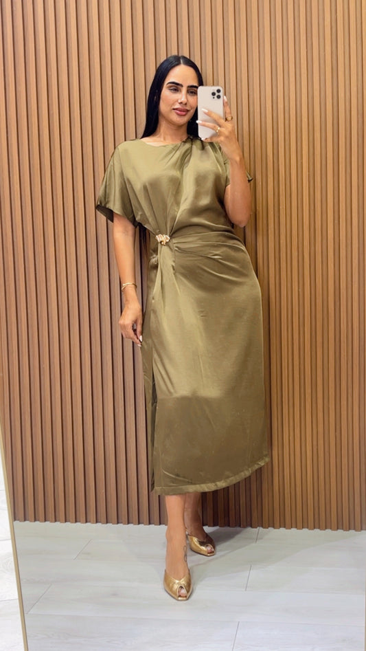 Gold Metal Trim Pleated Slip Dress