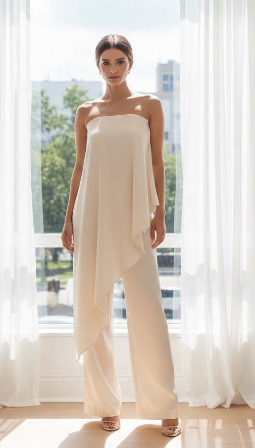 Strapless Draped Top & Wide-Leg Pants Set