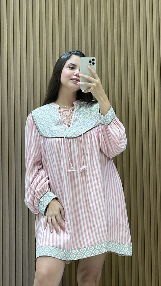 Striped with contrast Floral  Yoke Mini Dress